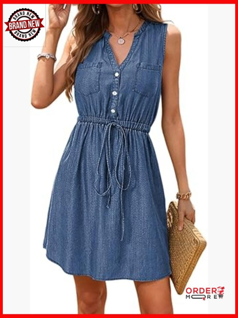 V Neck Sleeveless Button Down Lightweight Denim Mini Dress with Pockets